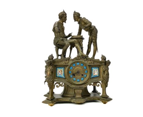 LATE 19TH CENTURY FRENCH FIGURAL MANTEL CLOCK, the two train movement by Japy Freres et Cie., with blue enamel Roman numeral 