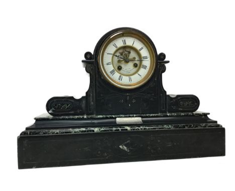 LATE 19TH CENTURY BLACK SLATE MANTEL CLOCK, with two train movement and visible escapement, the white enamel dusk with Roman 