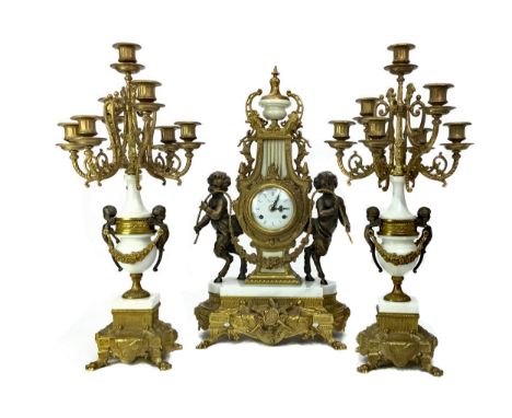 REPRODUCTION ITALIAN GILTMETAL AND WHITE MARBLE CLOCK GARNITURE, two train eight day movement, the white enamel dial with Rom