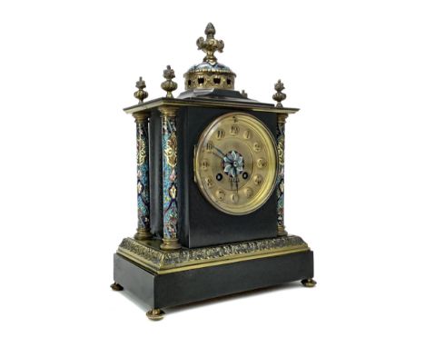 LATE 19TH CENTURY BRASS &amp; CHAMPLEVE ENAMEL MANTEL CLOCK, the two train movement by A.D. Mougin, the brass dial with Arabi