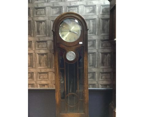 EARLY 20TH CENTURY OAK LONGCASE CLOCK, the silvered dial with Arabic numerals, subsidiary barometer dial, oak dome top case w