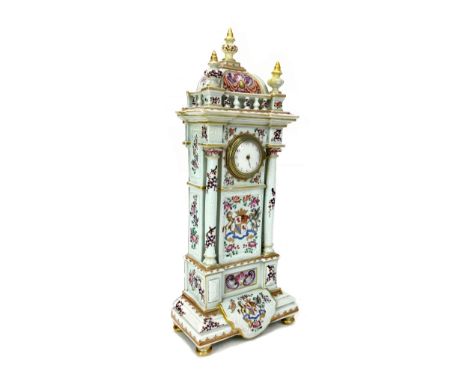 LATE 19TH CENTURY SAMSON OF PARIS ARMORIAL MANTEL CLOCK, the white enamel dial with Arabic numerals, in an architectual case 