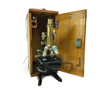 ERNST LEITZ WETZLAR MONOCULAR MICROSCOPE, No. 210954, with lacquered brass body, 18.5cm high, three subjective lenses, in fit
