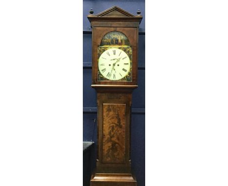 EARLY 19TH CENTURY MAHOGANY LONGCASE CLOCK, with two train movement, the painted white dial with Roman numerals, subsidiary s