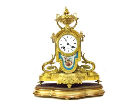 19TH CENTURY FRENCH ORMOLU MANTEL CLOCK, with two train movement, the white enamel dial inscribed 'Hry MARC, Paris', the case