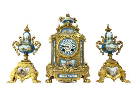 19TH CENTURY FRENCH ORMOLU CLOCK GARNITURE, comprising clock and a pair of urn form side ornaments, the clock with two train 