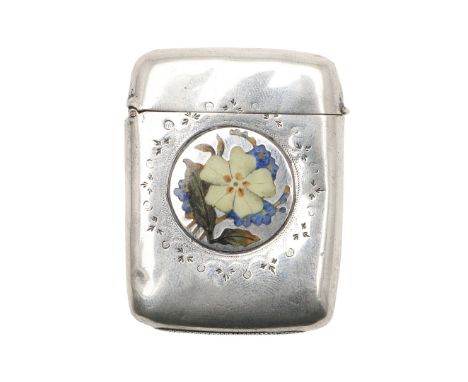 rectangular form, decorated on the front with an enamel flower within an engraved border, by A.E Robinson, Birmingham 1886; 2