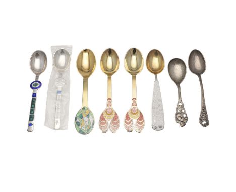 four July spoons; a parcel-gilt 1945, two 1972's and a 1980, two other cased spoons, numbered "1" & "9", designed by Paul Ren