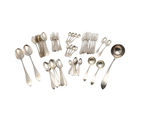 comprising of 12 tablespoons, 11 table forks, 12 dessert spoons, 10 dessert forks, 9 teaspoons, 5 egg spoons, 10 coffee spoon