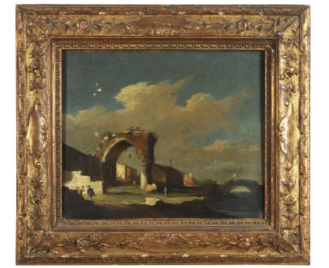 Oil on canvas 25 x 30cm.   *CR  Lined; flaked losses in clouds and sky; some craquelure and slight tenting of the surface; ne