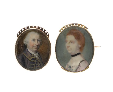 Miniature portrait of a gentleman wearing purple suit with gold trimming, on ivory 3.5 x 2.75 cm and a portrait of a lady wea