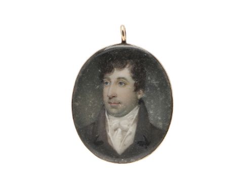 Miniature portrait of a gentleman wearing white stock and black jacket, head and shoulders, on ivory, 3.75 x 3 cm  Ivory regi