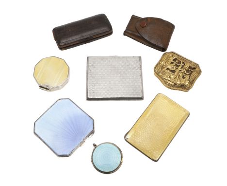 an 18th century gilt-metal snuff box, a silver & enamel cigarette case, three silver & enamel compacts, an engine-turned ciga
