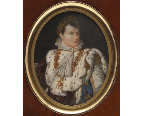 Miniature portrait of Emperor Napoleon 1 in ceremonial robes and wearing a laurel wreath, on ivory, half length oval, 11.5 x 