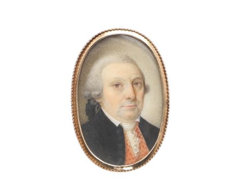 Miniature portrait of a gentleman wearing a wig, dark blue coat and orange sprigged waistcoat, head and shoulders on ivory, 3
