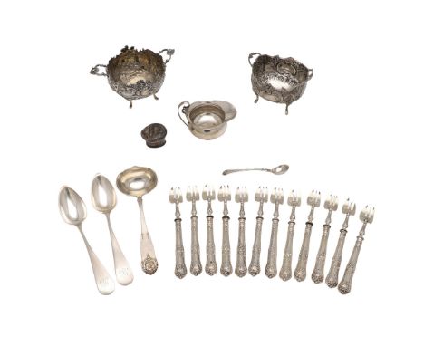 including a set of 12 late 19th/ early 20th century French pastry/ cake forks (loaded handles), in a decorative pattern, make