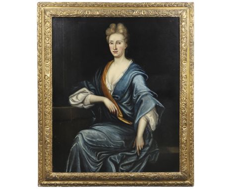 Three quarter length, seated, wearing a blue dress with russet sash, oil on canvas, in a Lely-type frame 124 x 100.5cm.   *CR