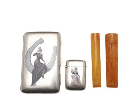 comprising: a cheroot case and vesta case decorated with enamelled ladies and two cheroot holders, contained in original fitt