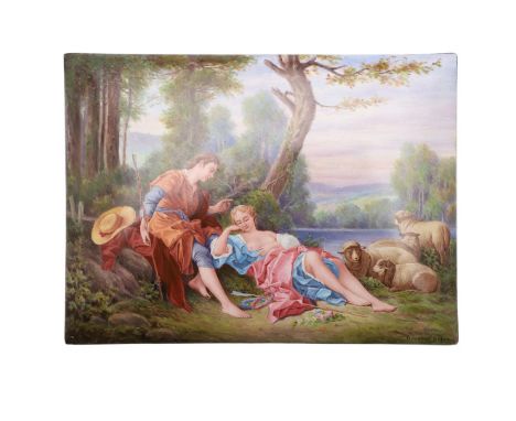 A painted enamel plaque depicting lovers and sheep beside a lake, signed Boucher Bosco; 8.5 x 11.5 cm.   *CR  Please contact 
