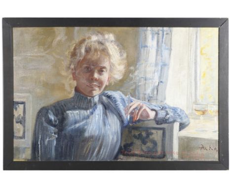 The sitter depicted seated by a window, bust length, wearing a striped blue dress and holding a cigarette, two wine glasses t