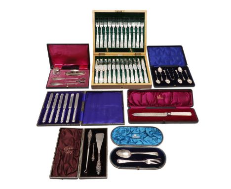 including a three-piece silver shoe horn & button hook set (steel blades), a five-piece silver vanity set (steel blades), a s