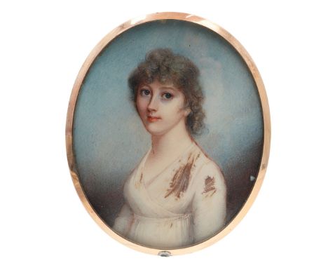 Miniature portrait of a young lady wearing white dress, half length, oval on ivory , 8.5 x 7 cm, gilt metal frame and red lea