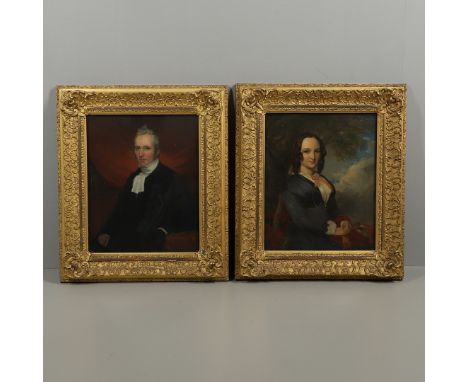 A pair, each half length seated, she wearing a blue dress with pink ribbon at the neck, sky background; he wearing a clerical