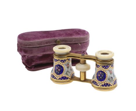 A pair of opera glasses, inscribed Vantier, Palais Royal, the gilt brass and mother of pearl frames with floral enamel decora