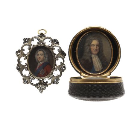 Miniature portrait of a gentleman wearing full bottomed wig,  brown coat, white jabot and blue sash of the Order of the Garte