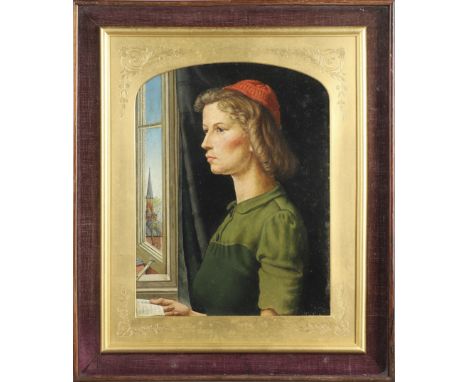 Signed and dated 49, oil on panel, within an associated Victorian photograph frame, arched top on the gilt mount 37.5 x 28.5c