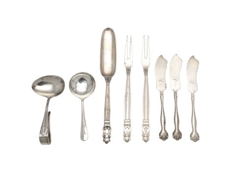 a 20th century Acorn pattern pickle fork, a scoop & a two-pronged fork, Copenhagen, together with 3 continental butter spread