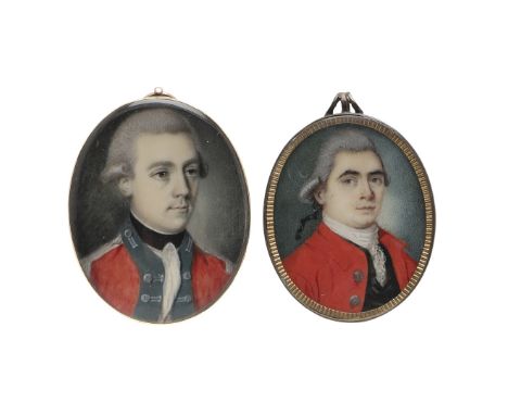 Miniature portrait of a gentleman wearing uniform , his red coat with blue facings, on ivory 4 x 3.25 cm and another portrait