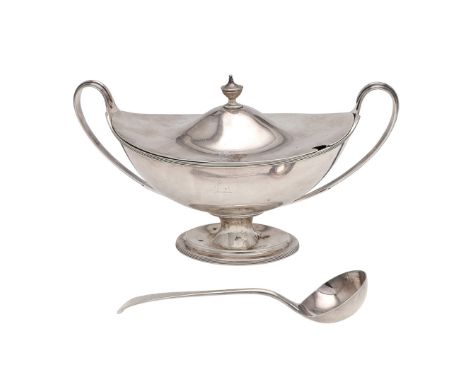 on an oval pedestal base, with reeded loop handles and an urn finial, the body & cover crested, makers mark partially worn, p