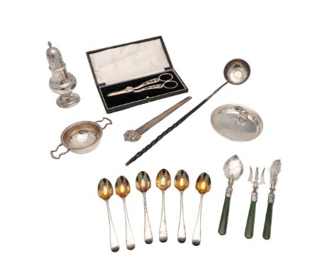 comprising of a set of 6 egg spoons, a pepper caster by Hester Bateman, a fork, spoon & butter spreader with nephrite handles