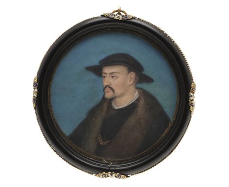 Portrait of a gentleman wearing fur bordered black coat, gold chain and hat, half length on parchment, 7.5 cm dia.,ebonised f