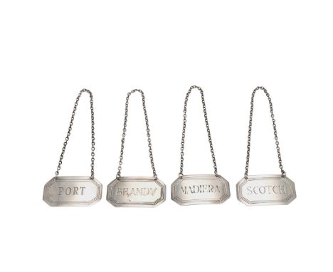 of canted oblong form, incised "MADIERA", "BRANDY", "PORT" & "SCOTCH", Birmingham 1972/73; 2.1" (5.4cm) long; 1.95ozt (4).   