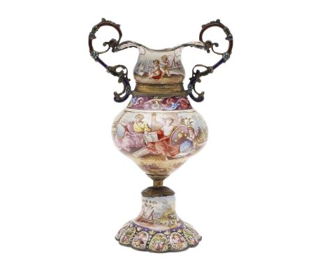with twin scroll handles, a baluster body and decorated with classical figures and animals within landscape scenes and raised