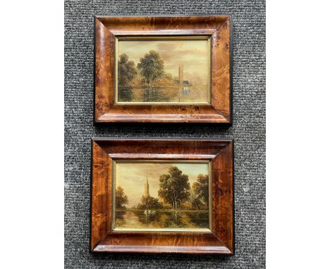 Pair of R. Covello - Lakeside Scenes - Oil On Copper Panel with Burr-Walnut Frames. 