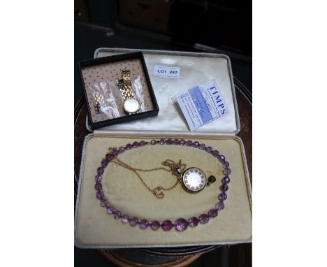 An early 20th century faceted amethyst glass bead necklace, together with a pendant fob watch, and a modern bracelet wristwat