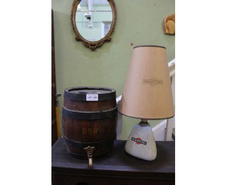 A 1970s Wade pottery lamp base, branded Martini, together with matching shade, and a coopered wooden sherry barrel