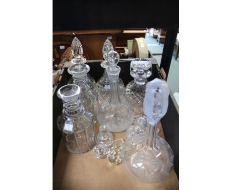 A Pair of Royal Doulton cut glass decanters and stoppers, a pair of Georgian ring neck decanters, a fern etched decanter, wit