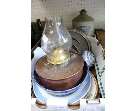 A selection of domestic items, to include pewter plates, brass based oil lamp, and pottery various