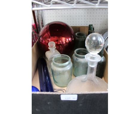 A box containing collectable &amp; domestic glassware various, to include Bristol blue rolling pin