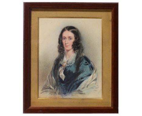 J FISHER OF BRISTOL (fl. 1849-1858) Shoulder length portrait of a lady with long black hair wearing a blue dress, signed, wat