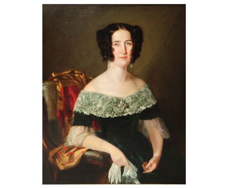 19TH CENTURY ENGLISH SCHOOL Portrait of an elegant young lady seated in a chair, her hair in ringlets and wearing a lace trim