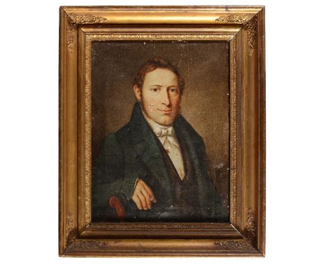 CONTINENTAL SCHOOL (EARLY 19TH CENTURY) Portrait of a gentleman wearing bow tie, dark waistcoat and green jacket, his right a