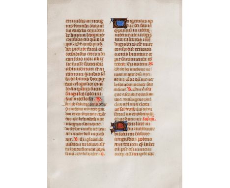 AN OLD ILLUMINATED MANUSCRIPT LEAF decorated with Latin text in gilt and colours, double-sided, 18 x 13cm