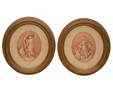 19TH CENTURY ENGLISH SCHOOL A figure in classical dress with putti representing Music and the Arts, a pair, sepia drawings, 1