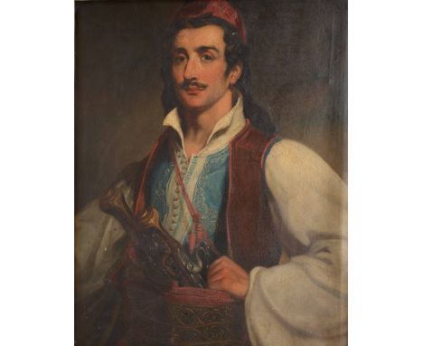 19TH CENTURY SCHOOL Portrait of a Greek revolutionary warrior in Byronic pose, with long dark hair, buttoned tunic, waistcoat