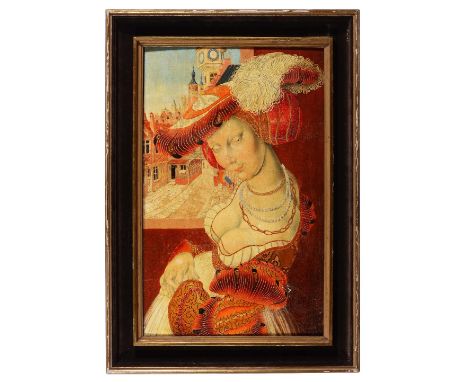 MANNER OF ROGIER VAN DER WEYDEN Portrait of a lady in traditional dress with town and clock tower beyond, oil on panel, 53 x 